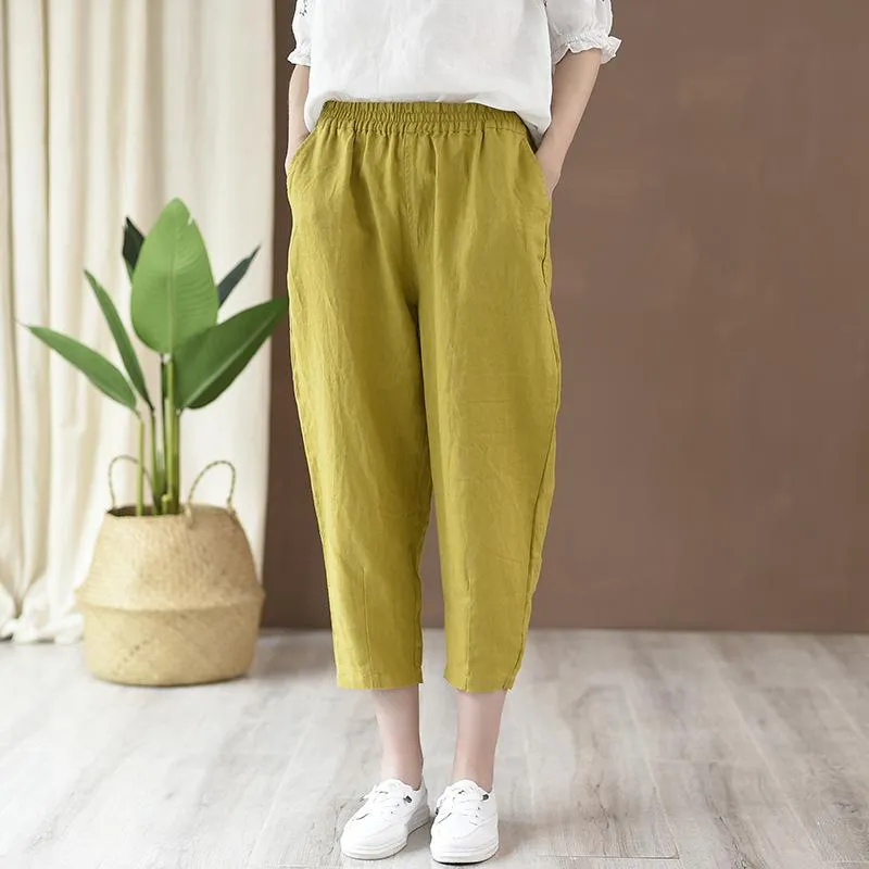 Babakud Women Cotton And Linen Casual Cropped Pants