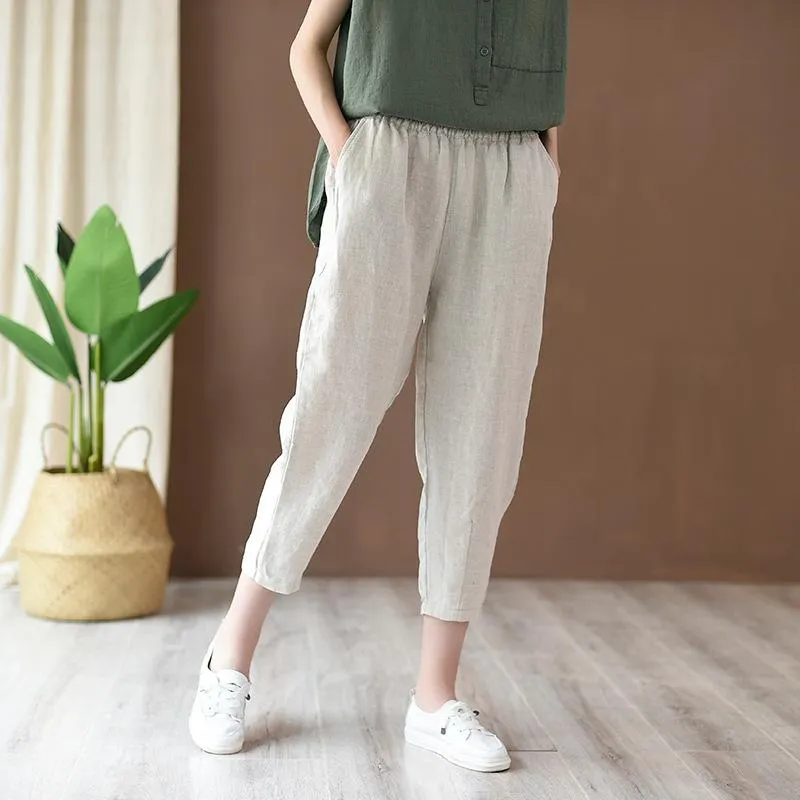 Babakud Women Cotton And Linen Casual Cropped Pants