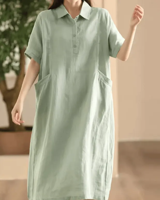 Babakud Women Summer Sand-Washed Linen Dress with Pockets