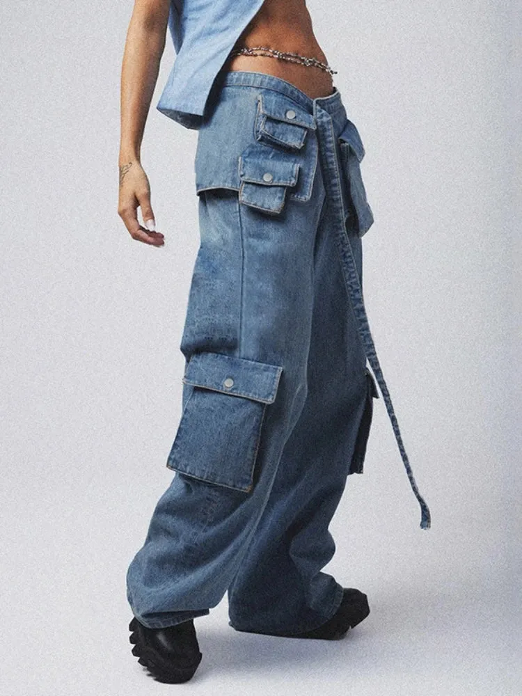 Bandage High Waisted Baggy Blue Pockets Lace Up Street Casual Oversized Denim Pants