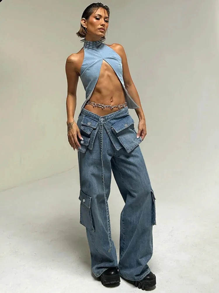 Bandage High Waisted Baggy Blue Pockets Lace Up Street Casual Oversized Denim Pants