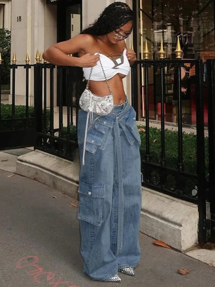 Bandage High Waisted Baggy Blue Pockets Lace Up Street Casual Oversized Denim Pants