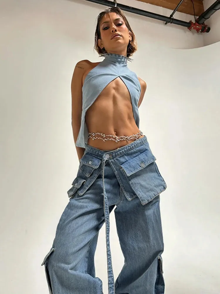 Bandage High Waisted Baggy Blue Pockets Lace Up Street Casual Oversized Denim Pants