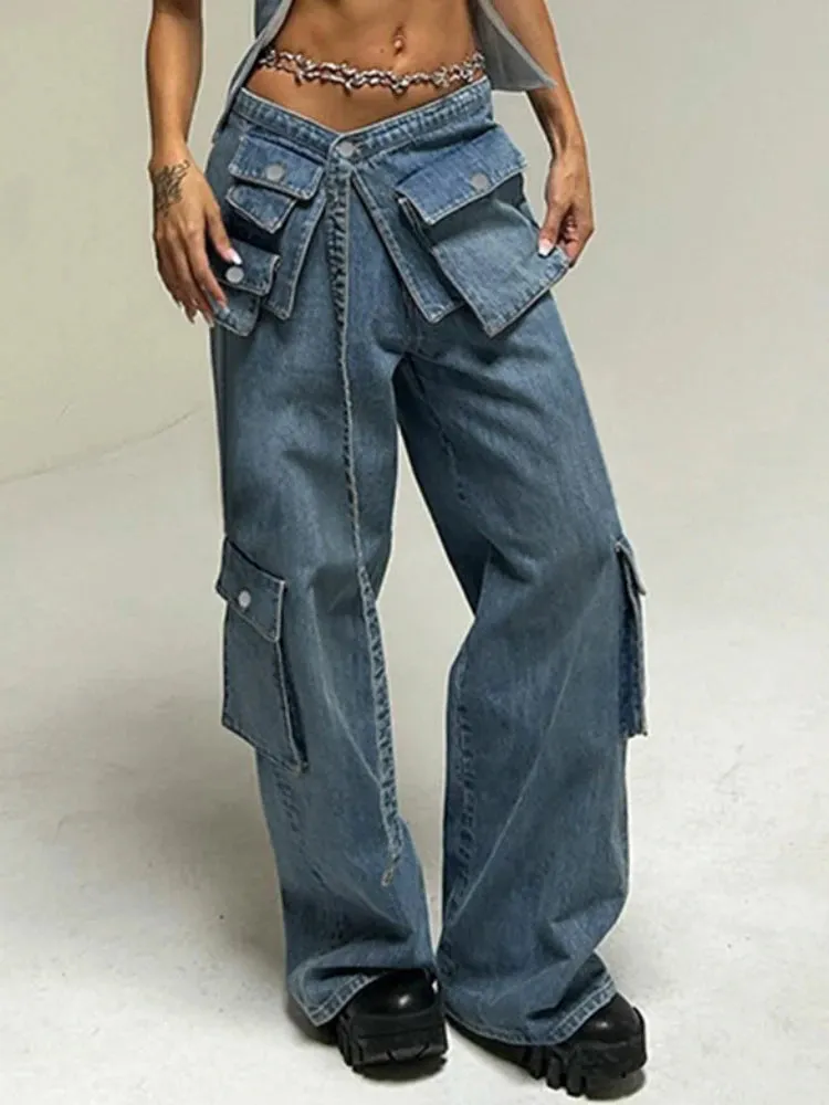 Bandage High Waisted Baggy Blue Pockets Lace Up Street Casual Oversized Denim Pants