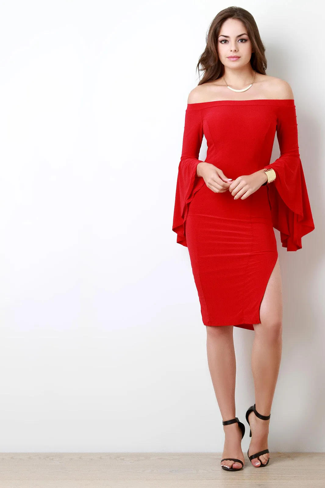 Banded Off The Shoulder Ruffle Sleeves Bodycon Dress