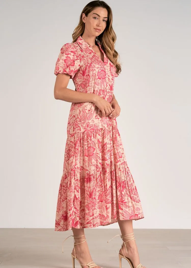 Beth Anne Midi Dress - Pink Leafy