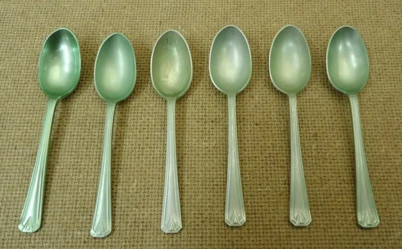 Birks Set of 6 Miniature Mint Green Satina Spoons -- Used