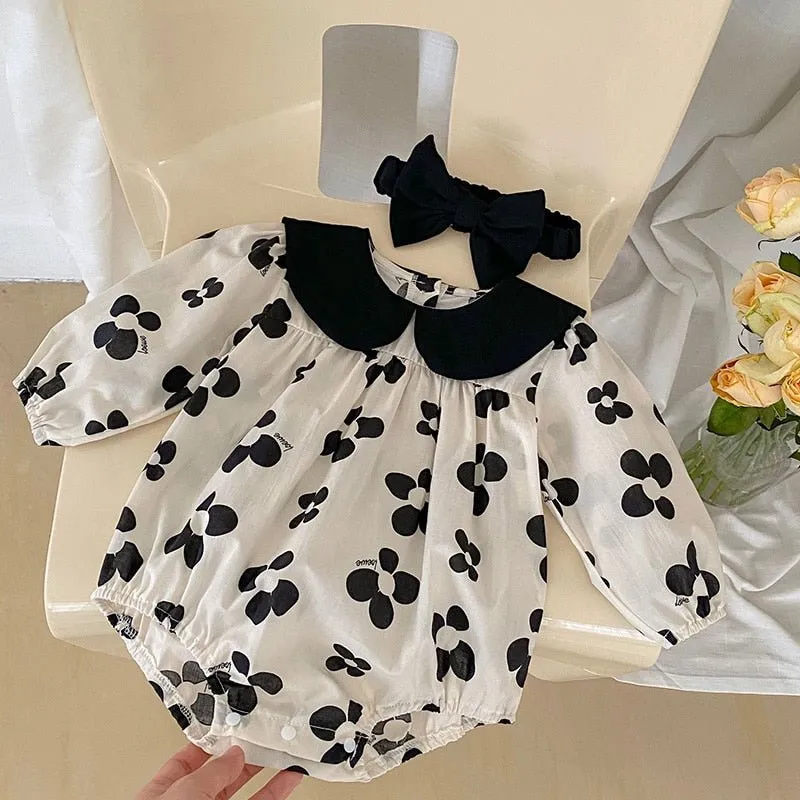 Black Collar Floral Long Sleeve Romper