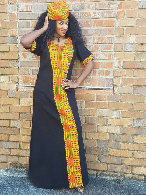 Black cotton dress with Kente trim-DP3227BP1