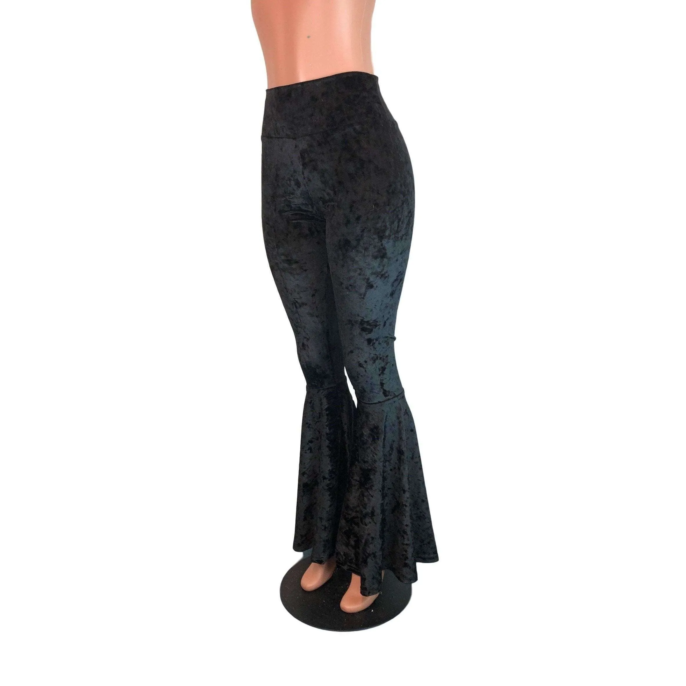 Black Crushed Velvet Bell Bottoms - High Waisted Flare Pants