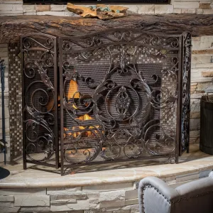 Black Gold Finish Floral Iron Fireplace Screen - NH844592