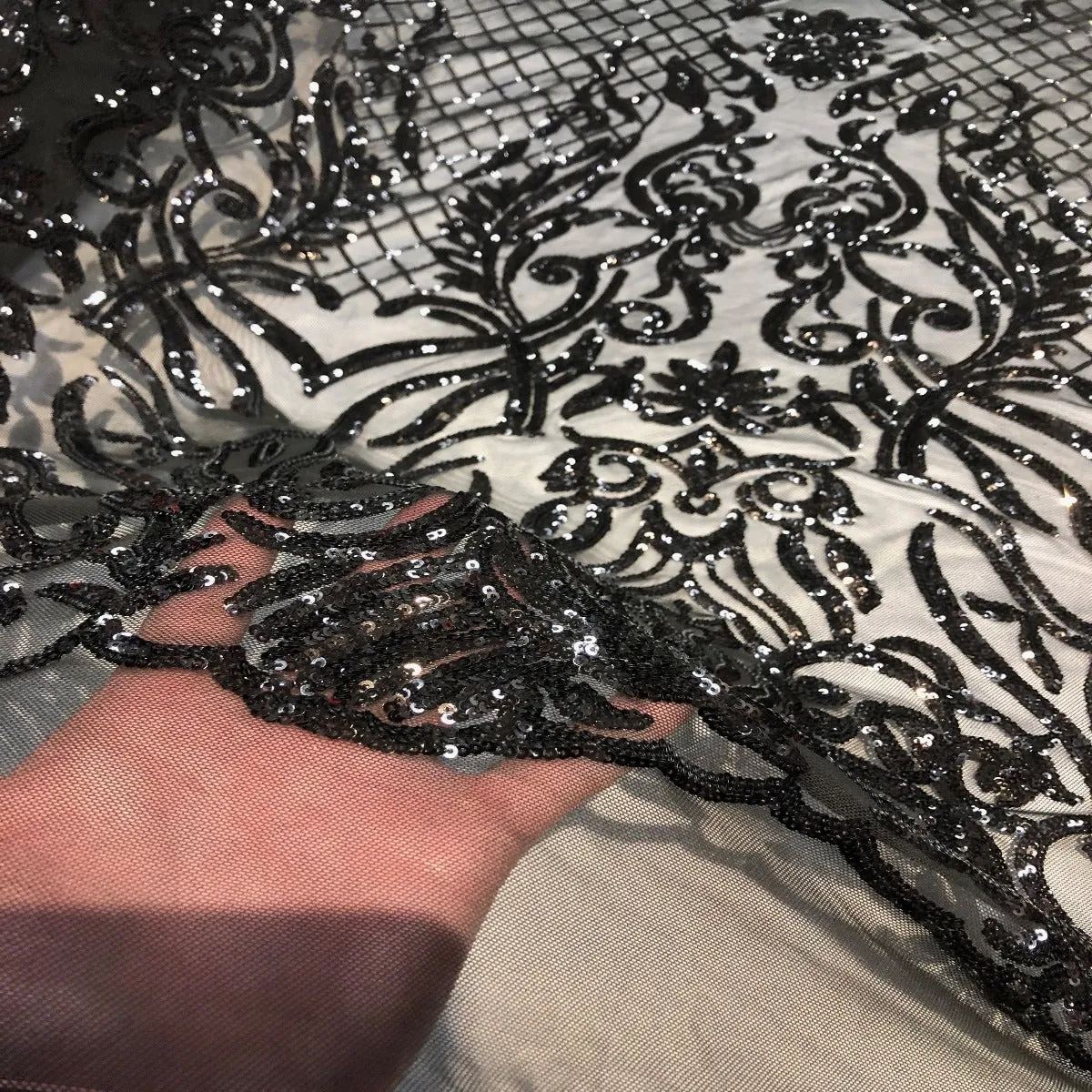 Black Luna Stretch Sequins Lace Fabric