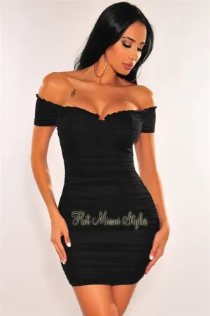 Black Mesh Padded Off Shoulder Ruched Dress