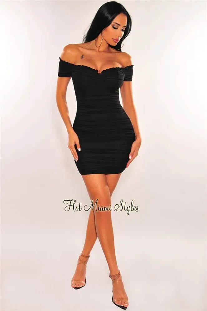 Black Mesh Padded Off Shoulder Ruched Dress