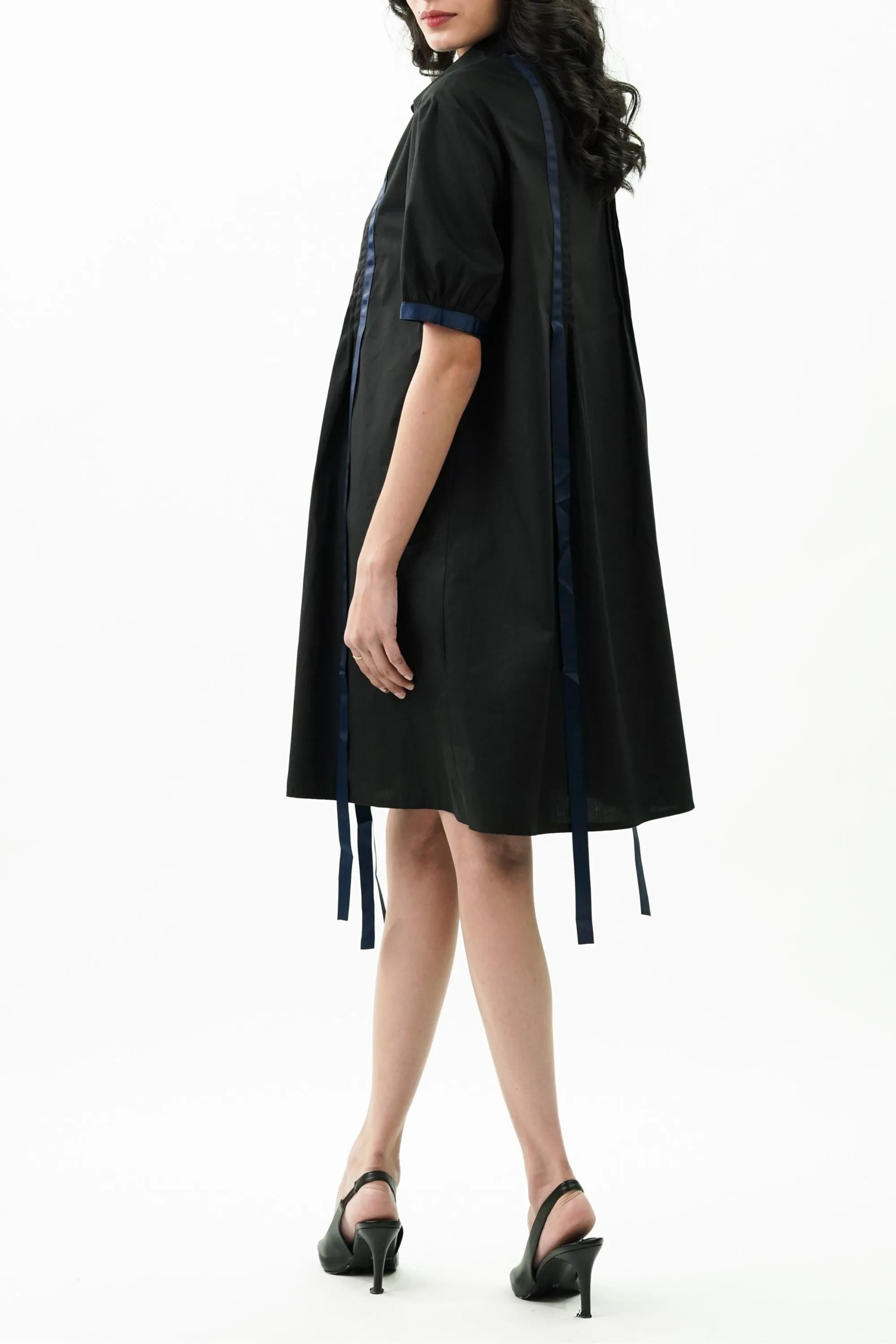 Black Pleated Ribbon Dress