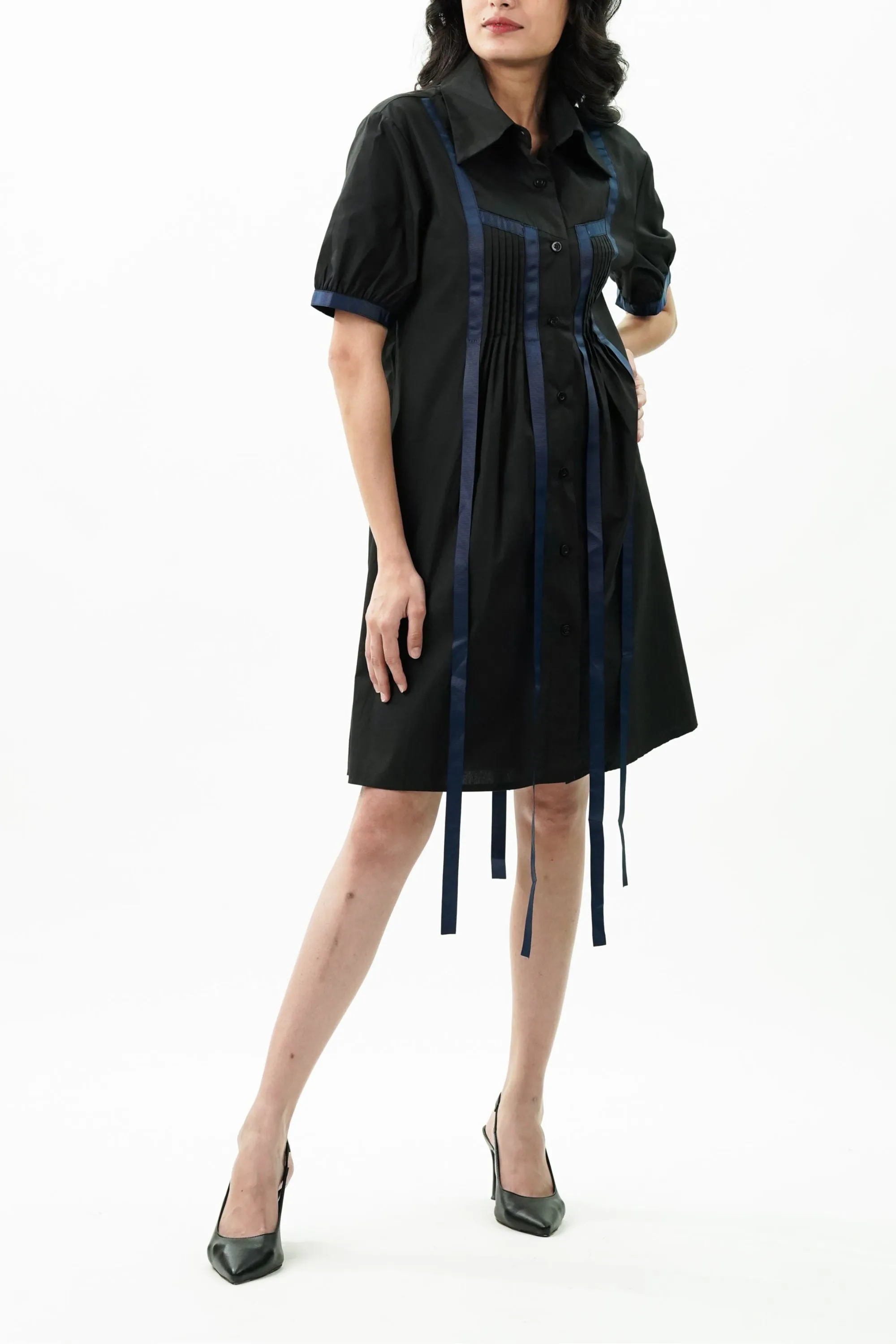 Black Pleated Ribbon Dress