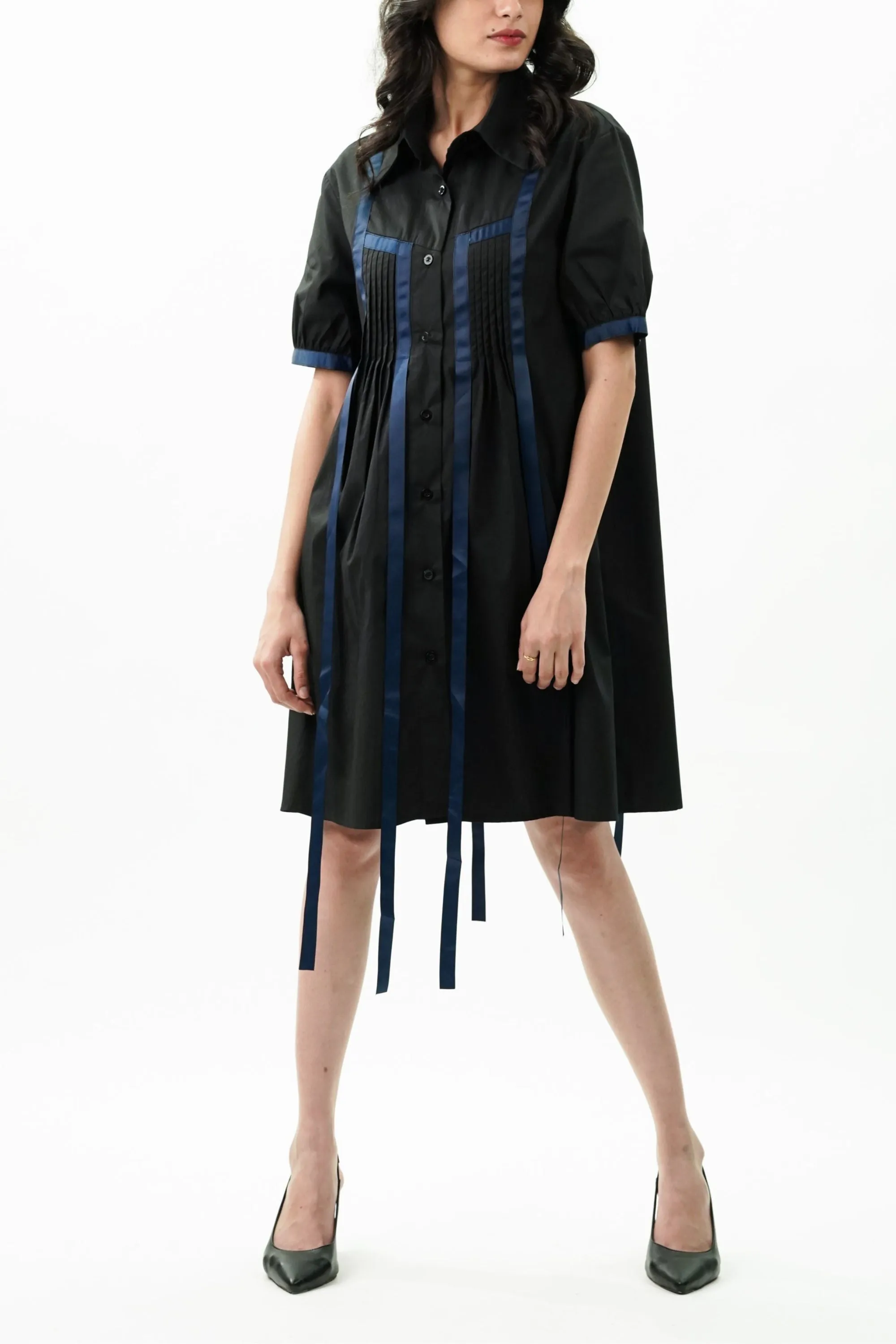 Black Pleated Ribbon Dress