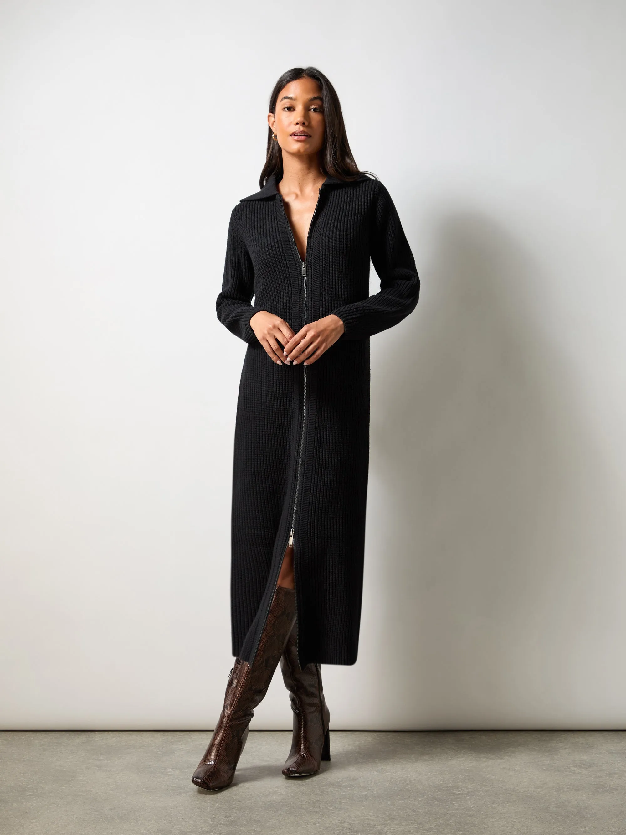 Black Zip Through Knitted Dress