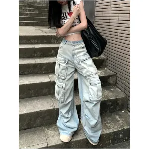 Blue Hip Hop Streetwear High Waist American Wide Leg Fashion Y2K Winter Jeans