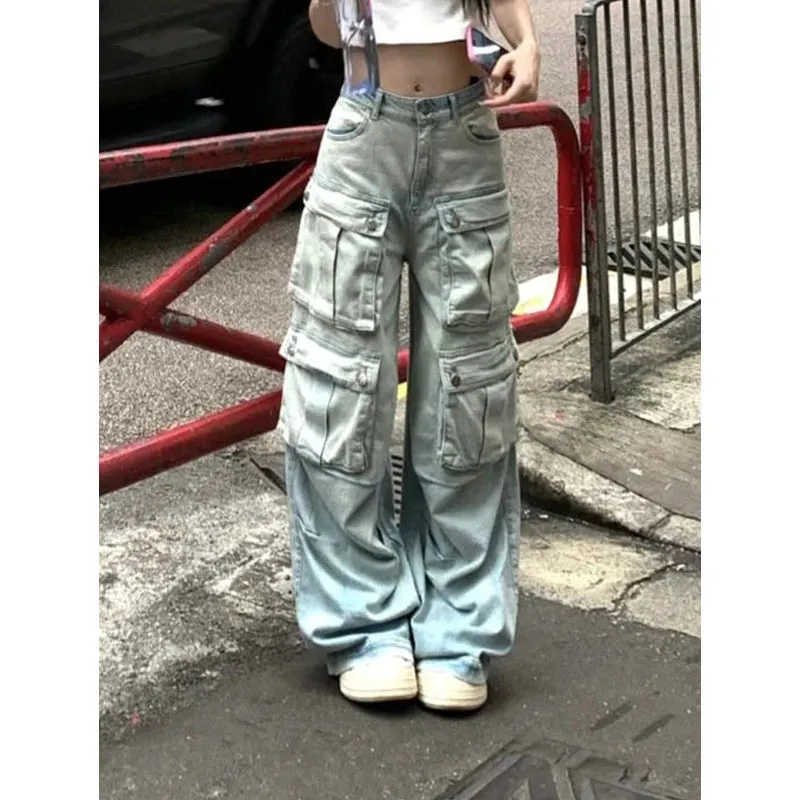 Blue Hip Hop Streetwear High Waist American Wide Leg Fashion Y2K Winter Jeans