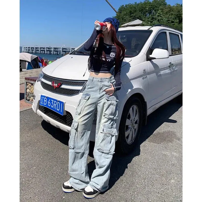 Blue Hip Hop Streetwear High Waist American Wide Leg Fashion Y2K Winter Jeans