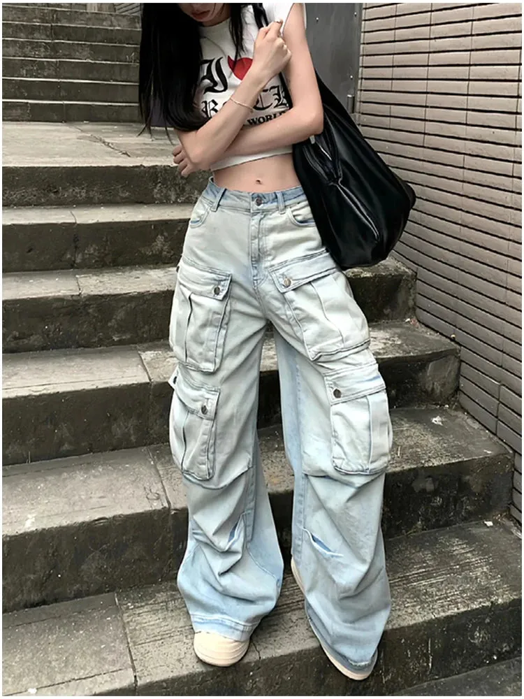 Blue Hip Hop Streetwear High Waist American Wide Leg Fashion Y2K Winter Jeans