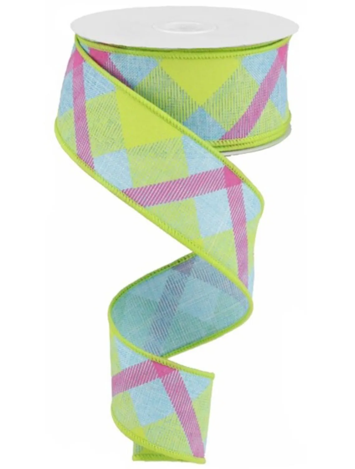 Blue, lime, and hot pink diagonal plaid wired ribbon, 1.5”