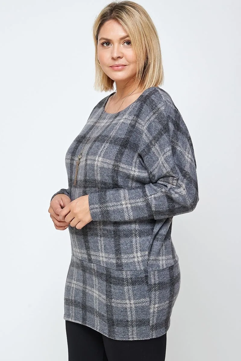 Boat Neck, Plaid Print Tunic Top, With Long Dolman Sleeves