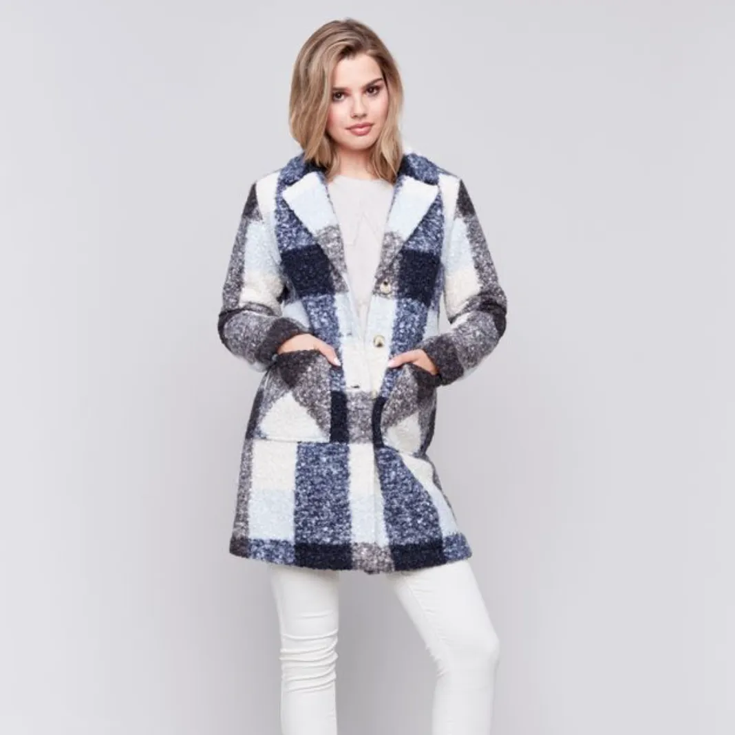 Bouclé Tailored Collar Coat - Navy Plaid