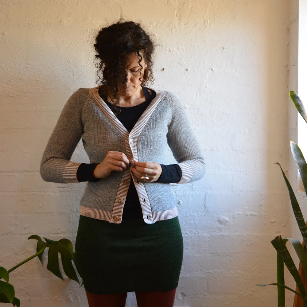 Brioche Cardigan - Alpaca/Cotton - Grey/Peach (9-12y  Women 8-10) *Last One!