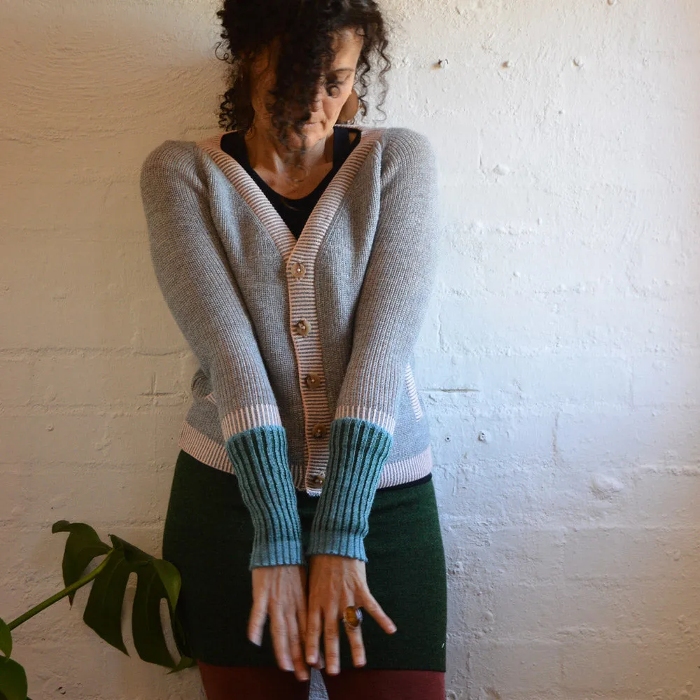 Brioche Cardigan - Alpaca/Cotton - Grey/Peach (9-12y  Women 8-10) *Last One!