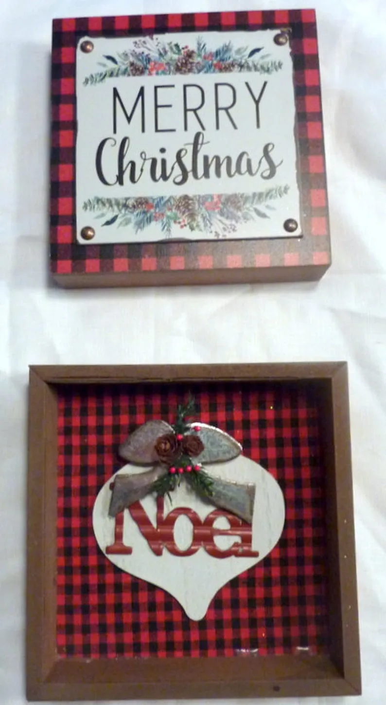 Buffalo plaid Christmas decor, Christmas Farmhouse shelf sitter, Christmas decorations