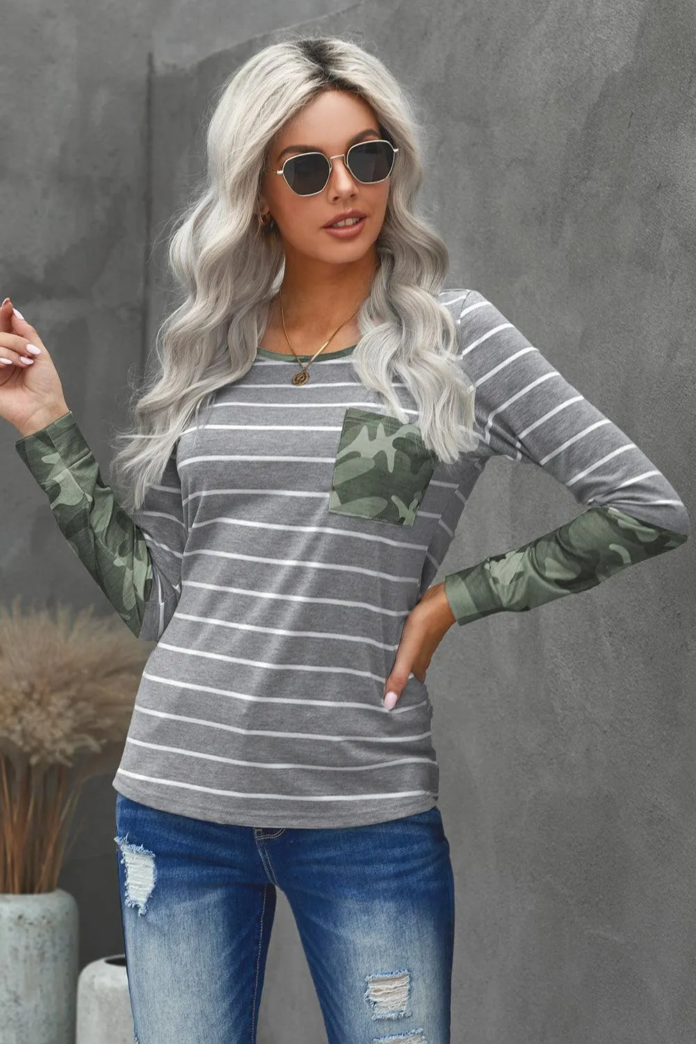 Camouflage Striped Round Neck Top