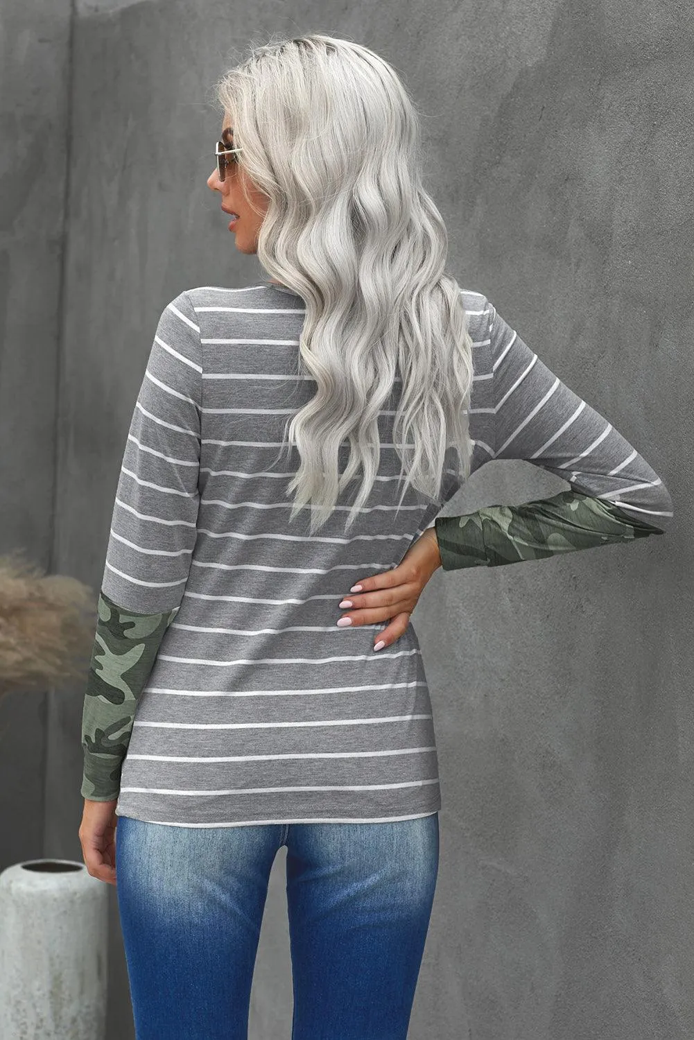 Camouflage Striped Round Neck Top