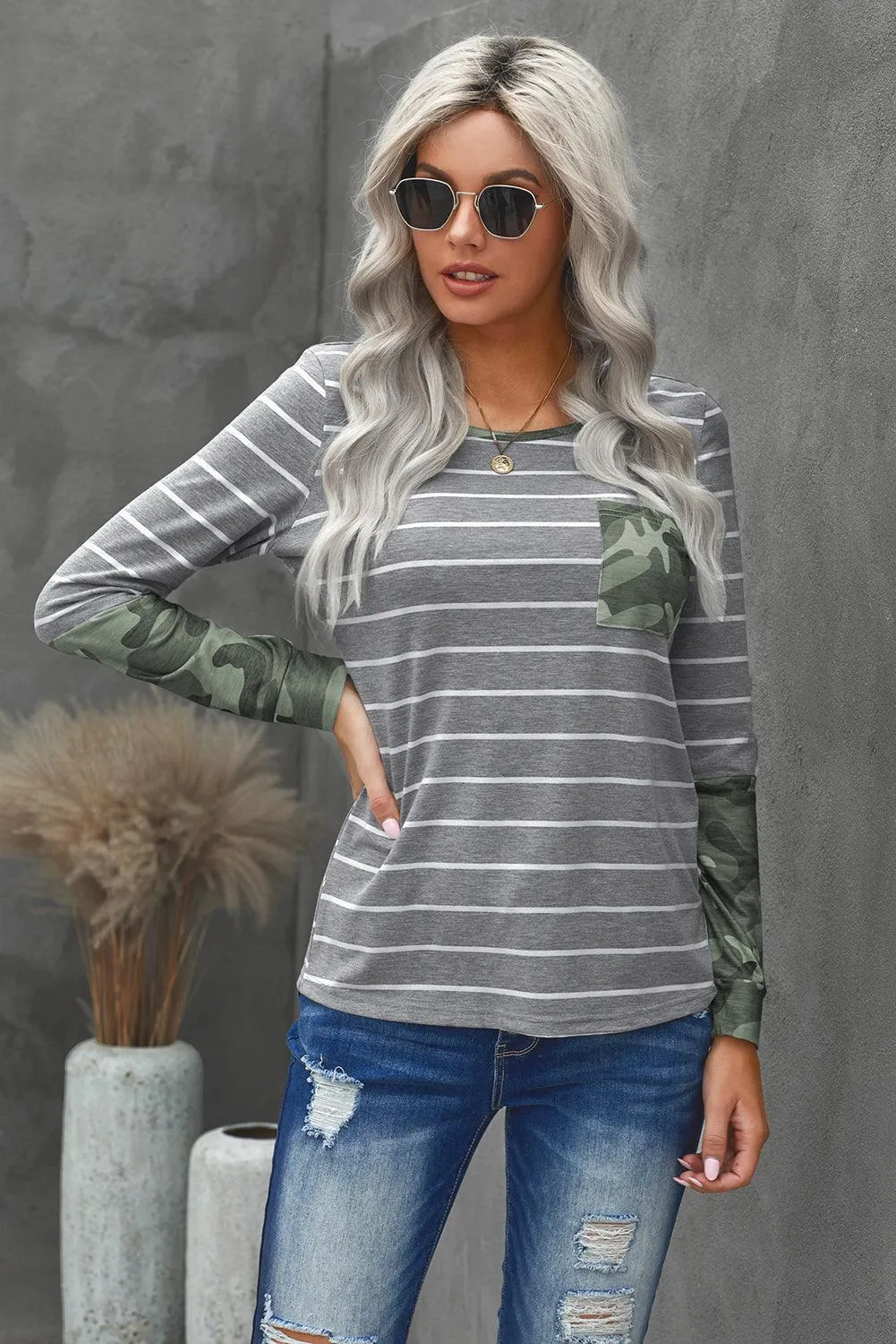 Camouflage Striped Round Neck Top