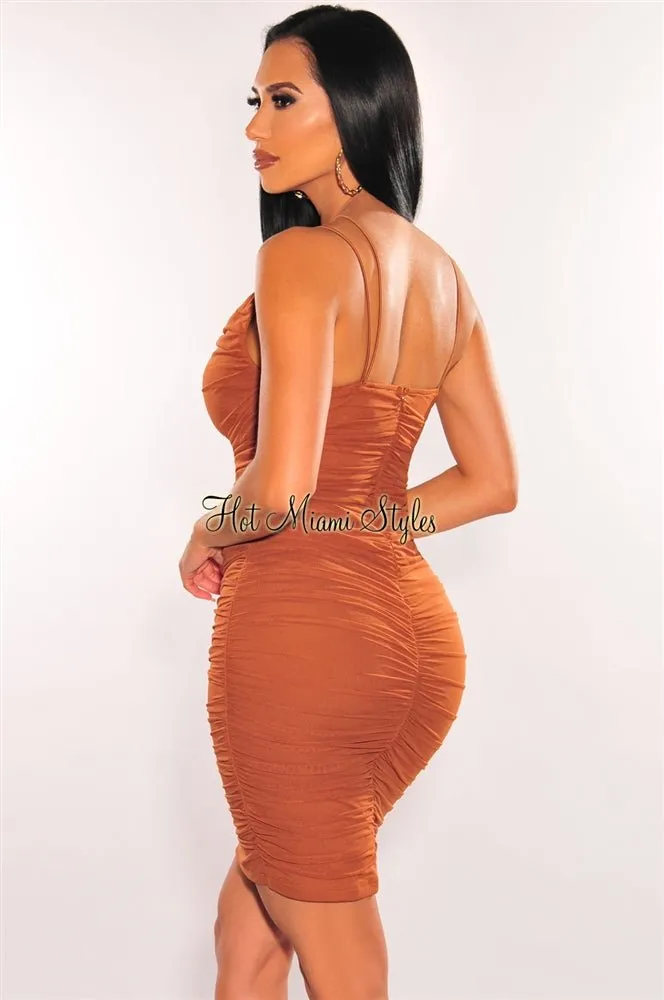 Caramel Mesh Elastic Straps Ruched Dress