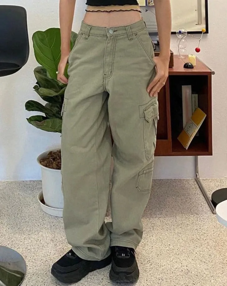 Casual Loose Big Pockets Cargo Pants Green Mid-Waisted Wide Leg Pants Women Spring Autumn Streetwear Fashion Ladies