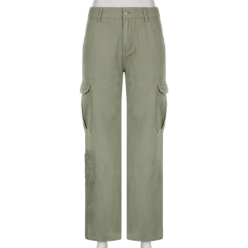 Casual Loose Big Pockets Cargo Pants Green Mid-Waisted Wide Leg Pants Women Spring Autumn Streetwear Fashion Ladies