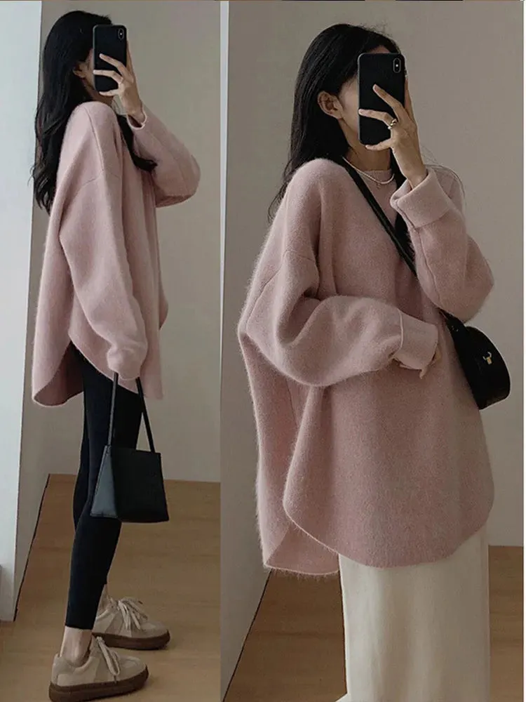 Casual Loose Knit Pullover Women Solid O-neck Fluffy Sweater Female Autum Warm Soft Fashion Long Sleeve Lady Knitwear