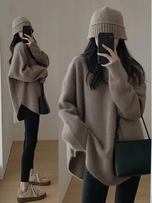 Casual Loose Knit Pullover Women Solid O-neck Fluffy Sweater Female Autum Warm Soft Fashion Long Sleeve Lady Knitwear