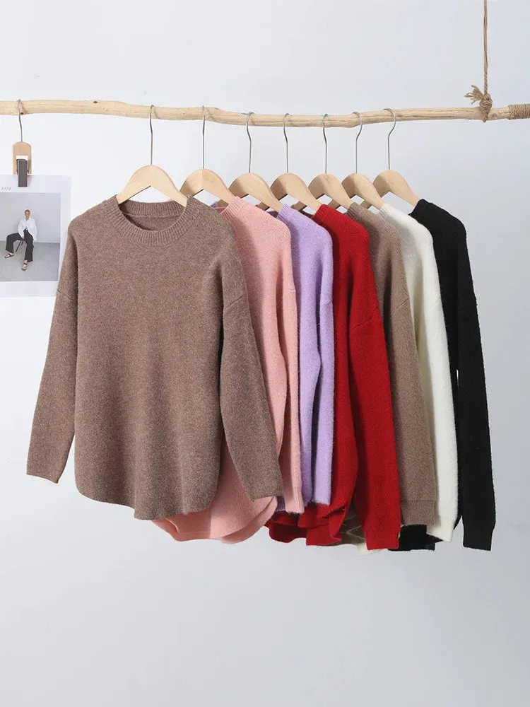 Casual Loose Knit Pullover Women Solid O-neck Fluffy Sweater Female Autum Warm Soft Fashion Long Sleeve Lady Knitwear