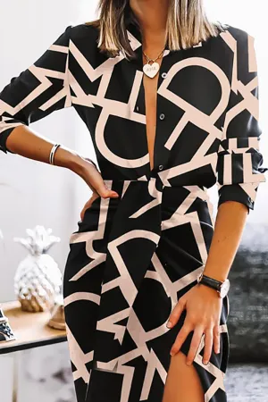 Casual Print Turndown Collar Shirt Dress Dresses