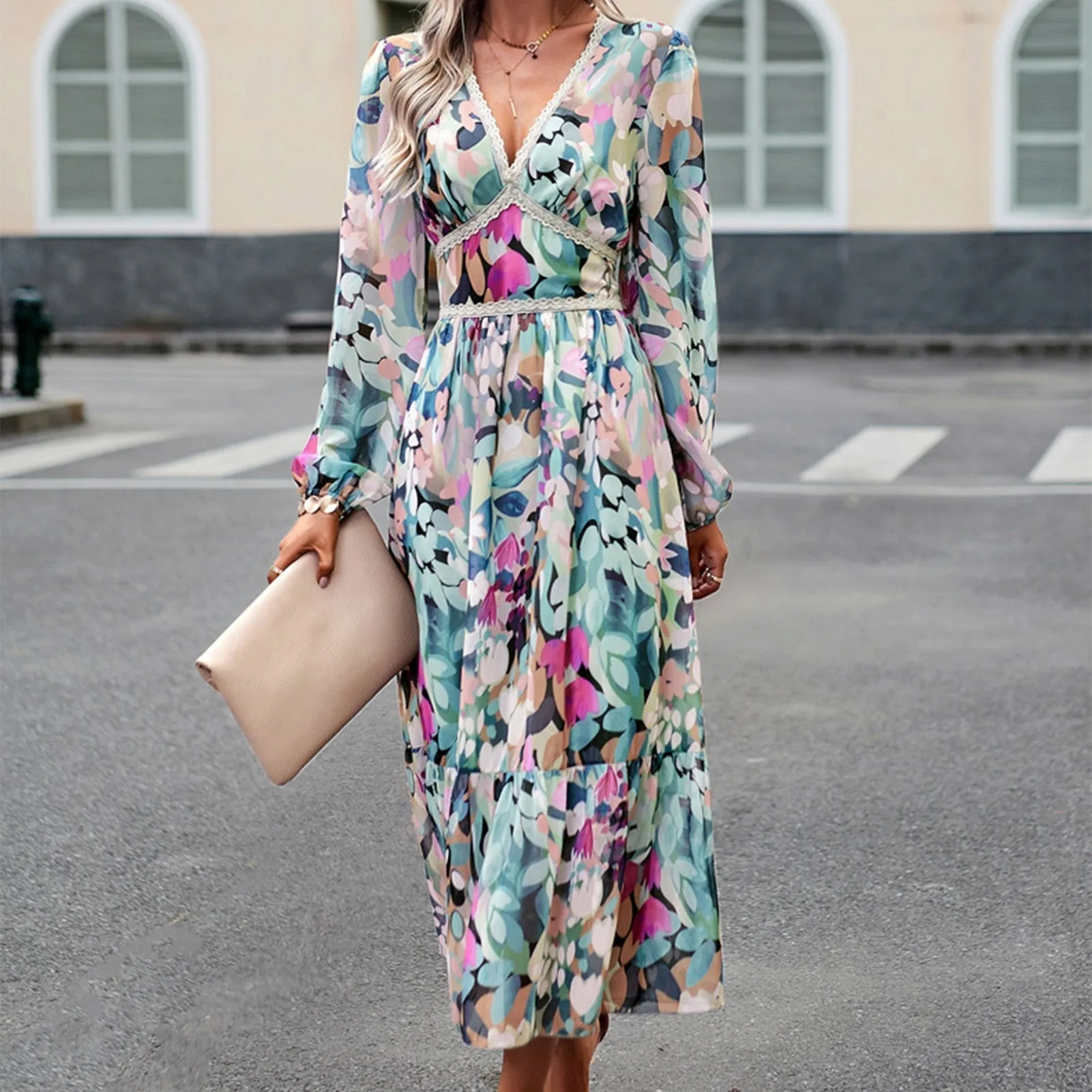 Casual Vintage Print Long Sleeve Boho Dress