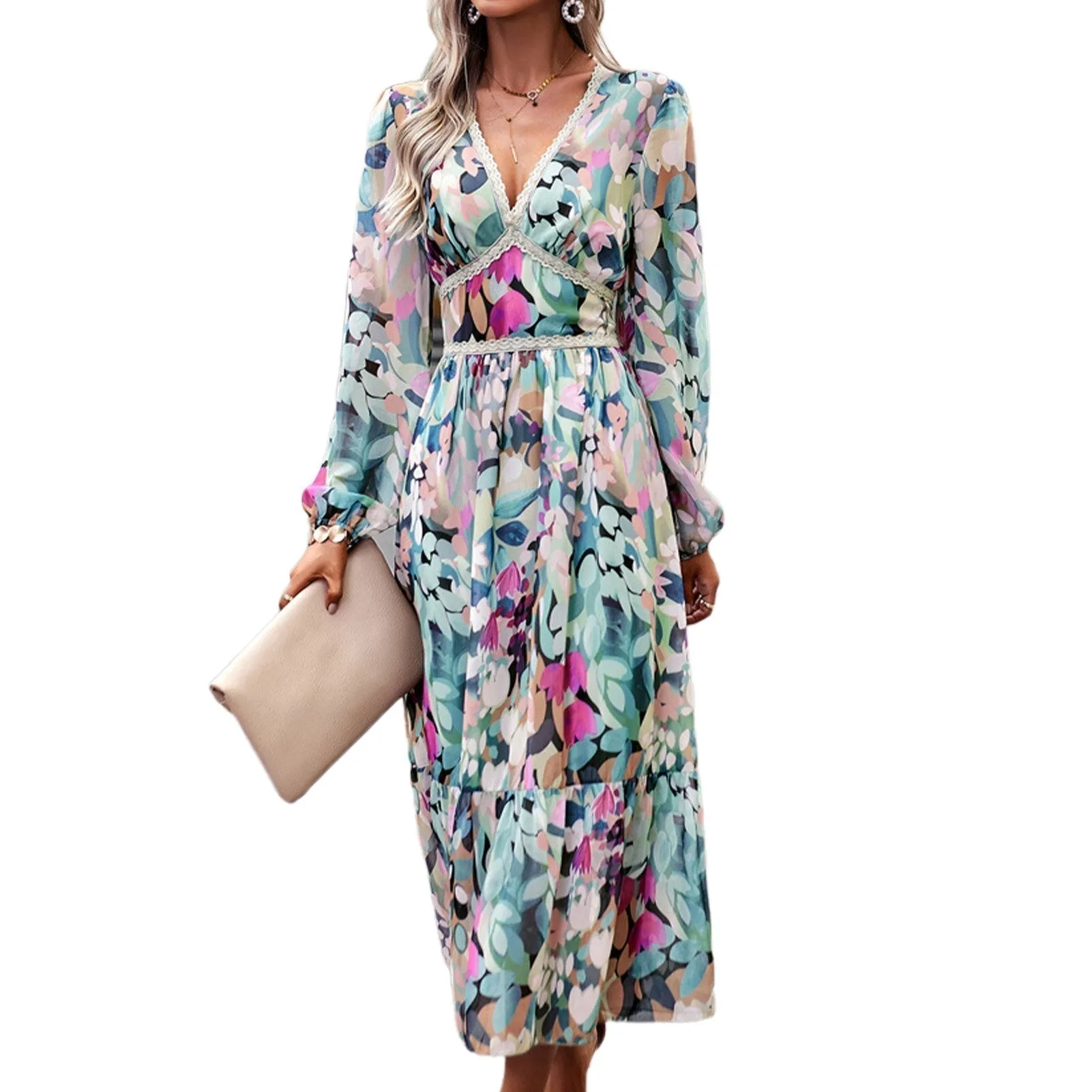 Casual Vintage Print Long Sleeve Boho Dress