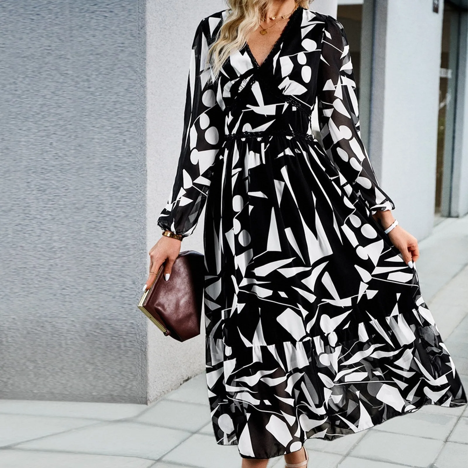 Casual Vintage Print Long Sleeve Boho Dress