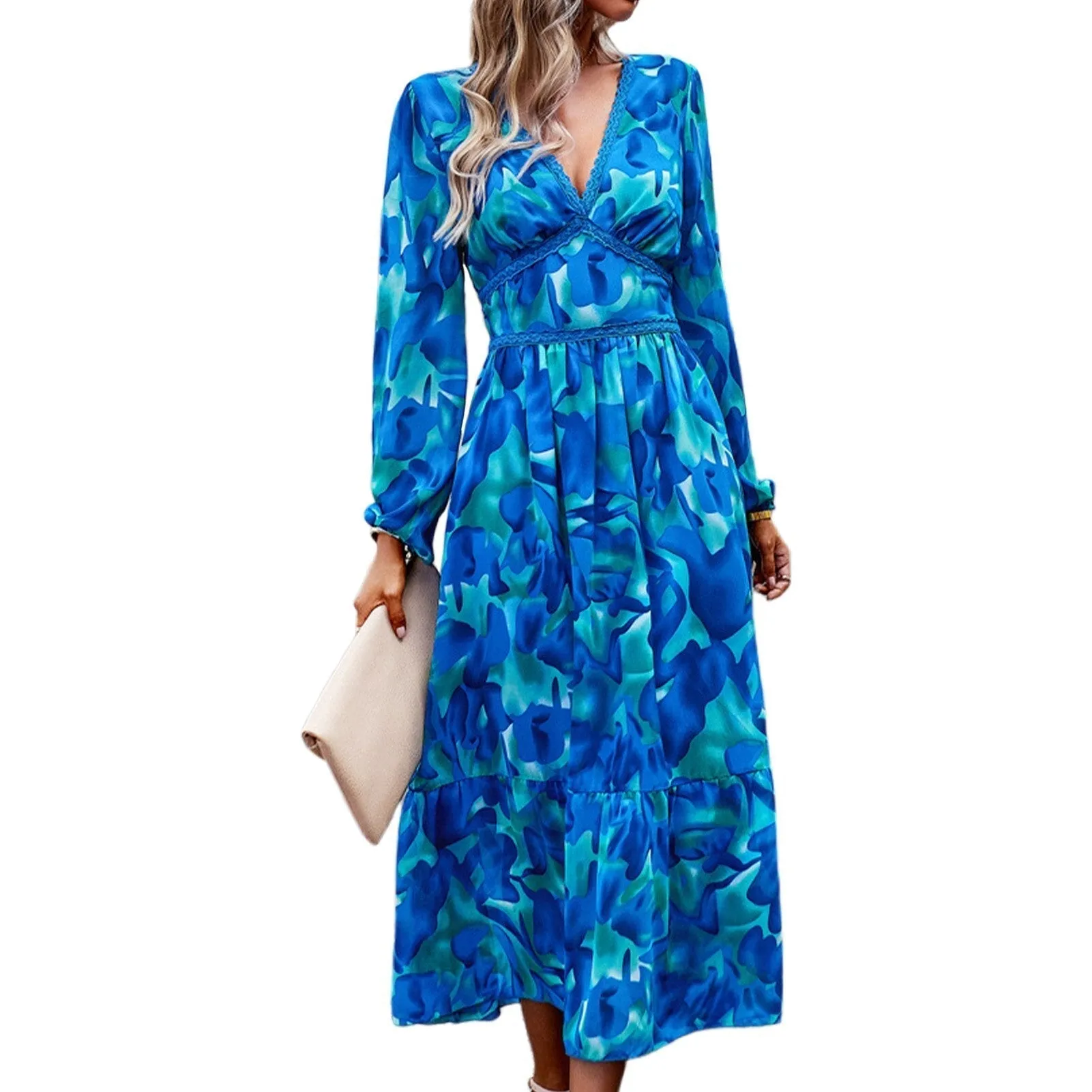 Casual Vintage Print Long Sleeve Boho Dress