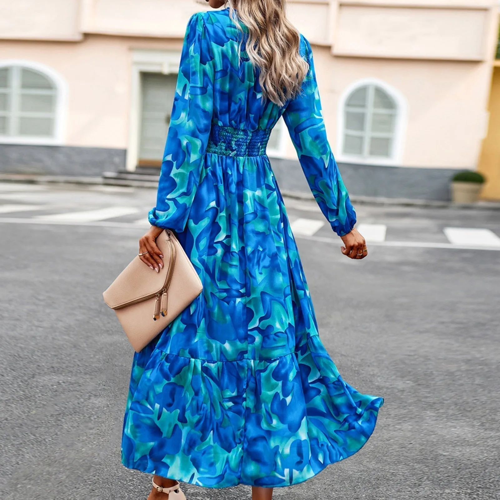 Casual Vintage Print Long Sleeve Boho Dress