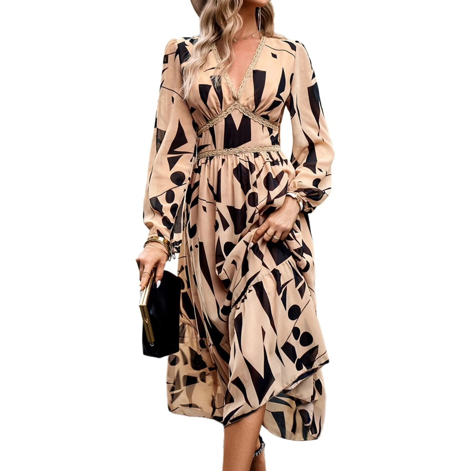 Casual Vintage Print Long Sleeve Boho Dress