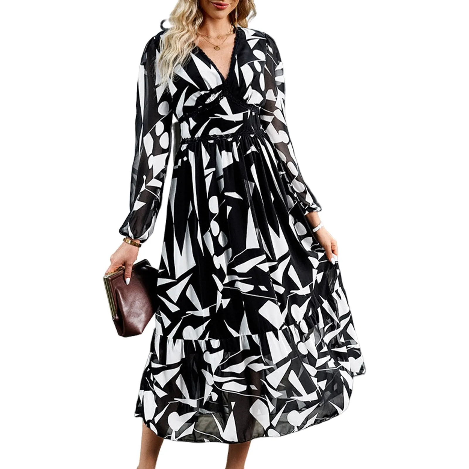 Casual Vintage Print Long Sleeve Boho Dress