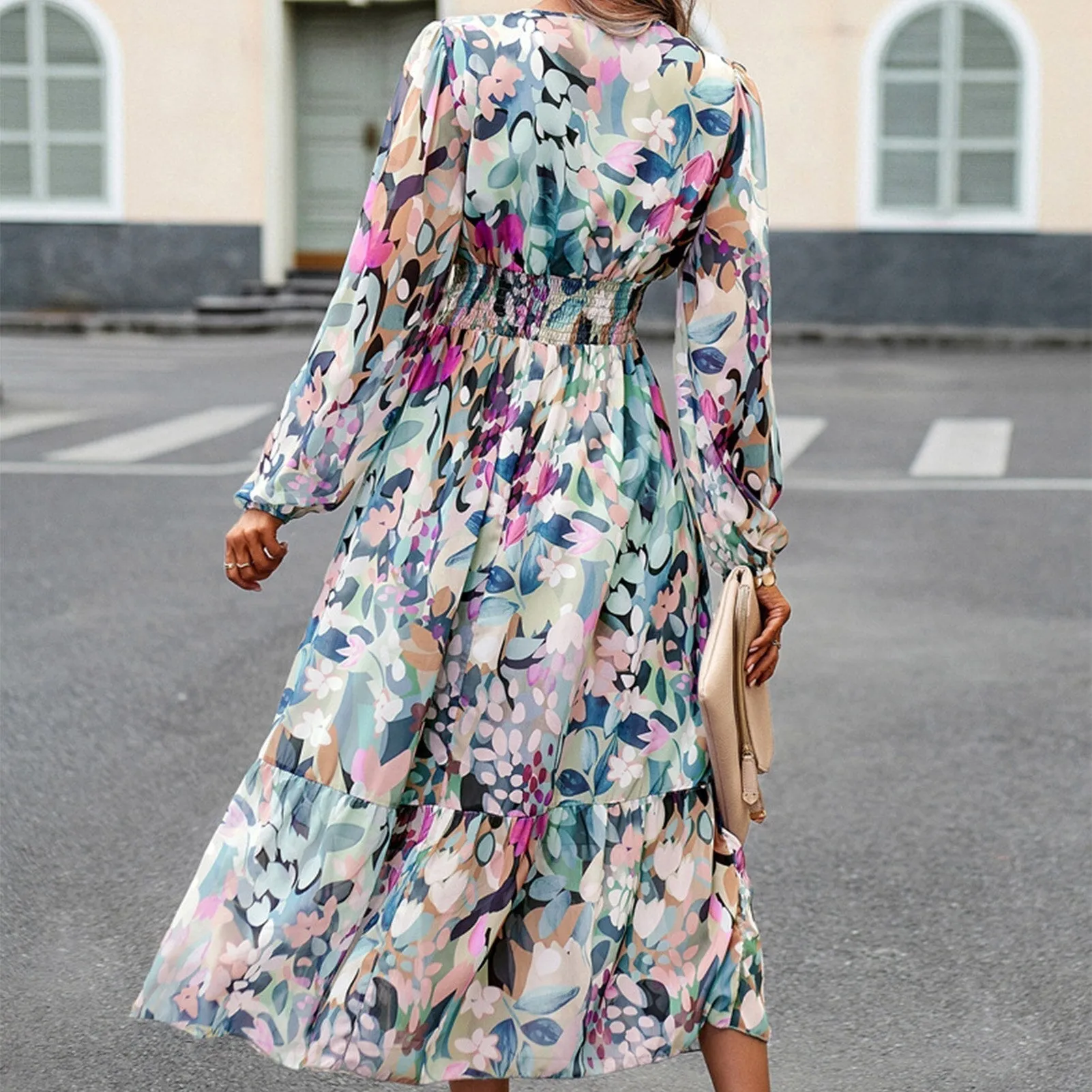 Casual Vintage Print Long Sleeve Boho Dress